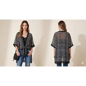 Club Collection Kimono Cover Up XL Black Gray Sheer Chiffon Bohotie Front Topper